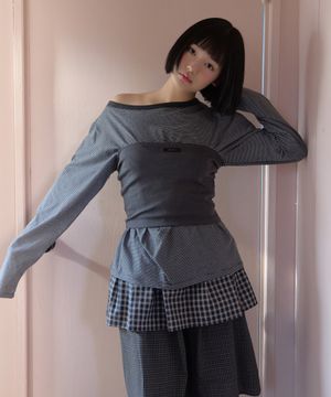 [SET] One shoulder stripe tee_charcoal