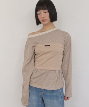 [SET] One shoulder stripe tee_beige