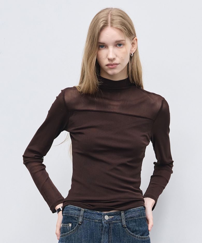 Sheer Mock-Neck T-Shirt_Brown