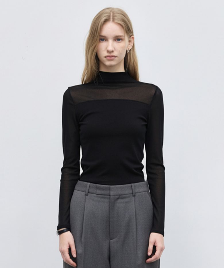 Sheer Mock-Neck T-Shirt_Black