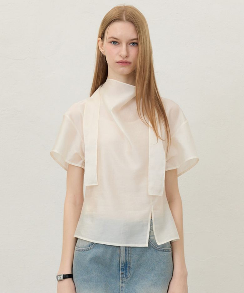 Sheer Drape Tie Blouse_Butter Cream