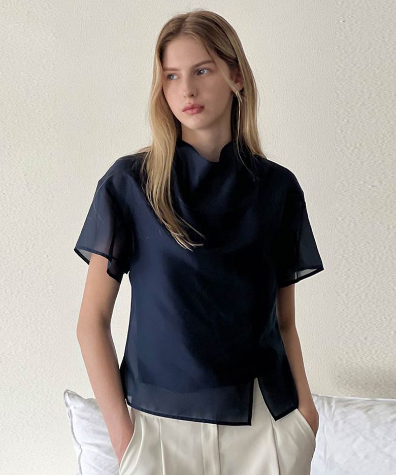 Sheer Drape Tie Blouse_Navy