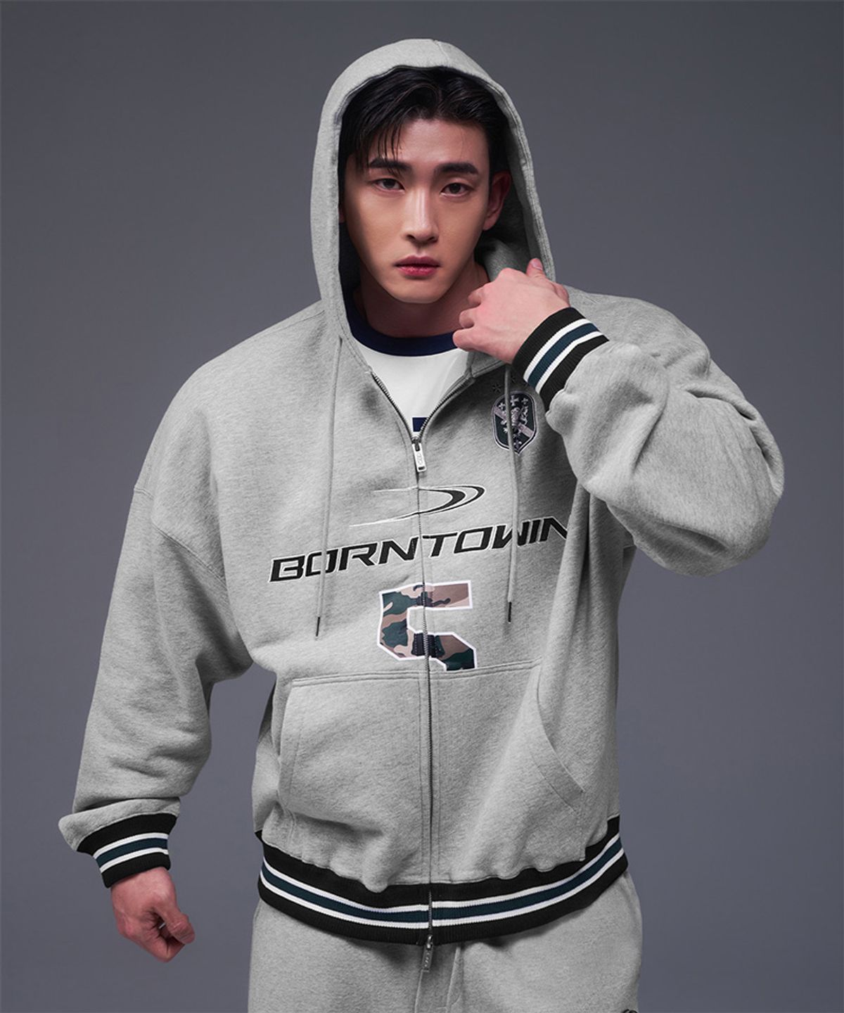 본투윈(BORN TO WIN) NUMBER 5 RUGBY HOODIE ZIP-UP [MELANGE GREY]