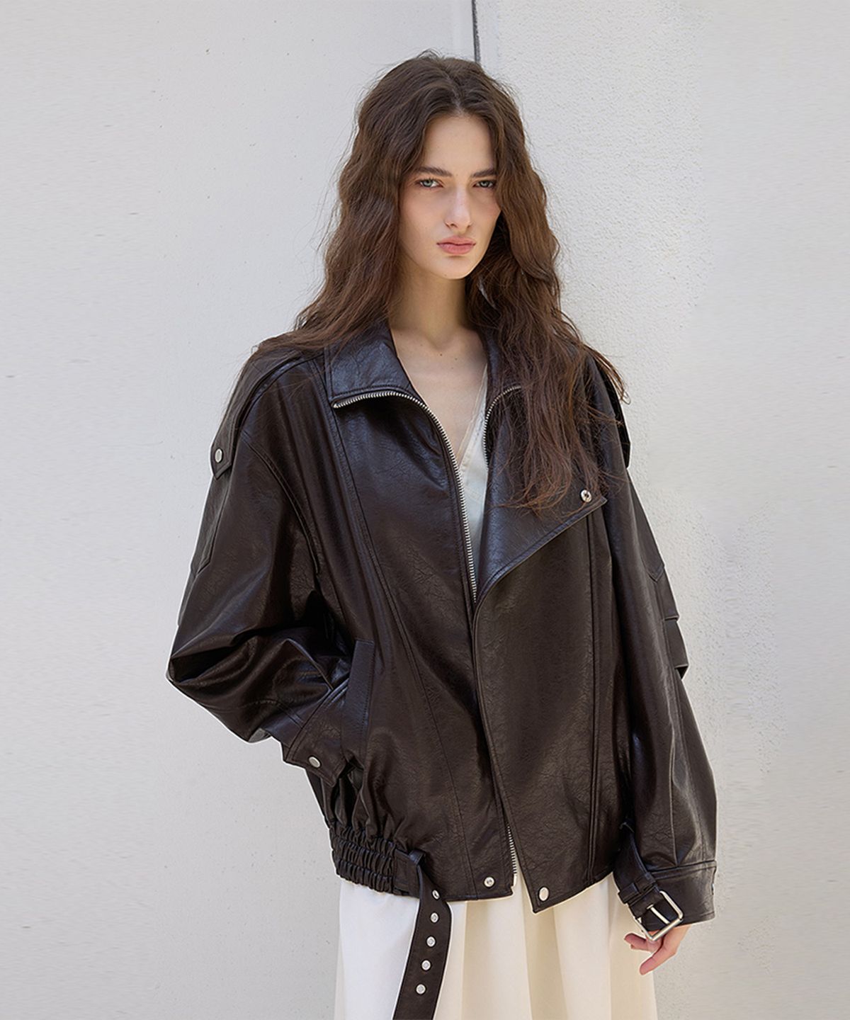 퀸스래빗(Q'SRB) Trim Oversized Leather Jacket - BROWN