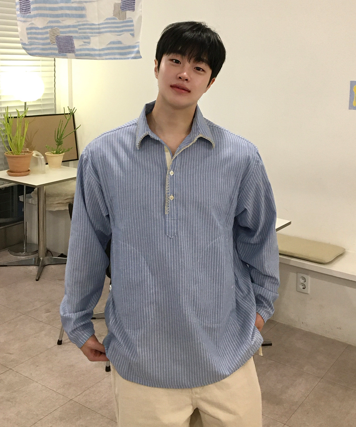제너럴아이디어(GENERALIDEA) MAN 스티치 스트라이프 풀오버 셔츠 [BLUE] / GF1MSH003