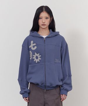 아플리케 와플 후드 집업 블루