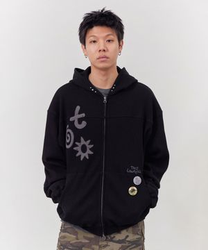 아플리케 와플 후드 집업 블랙