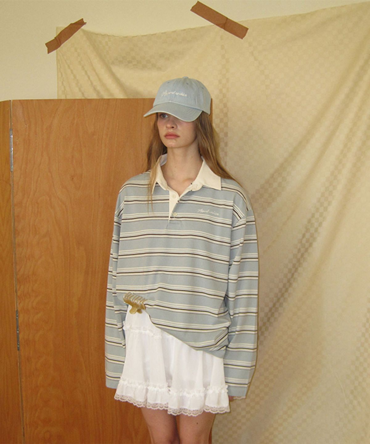 어패럴아카이브(APPAREL ARCHIVE) Maple stripe PK t shirt - Skyblue