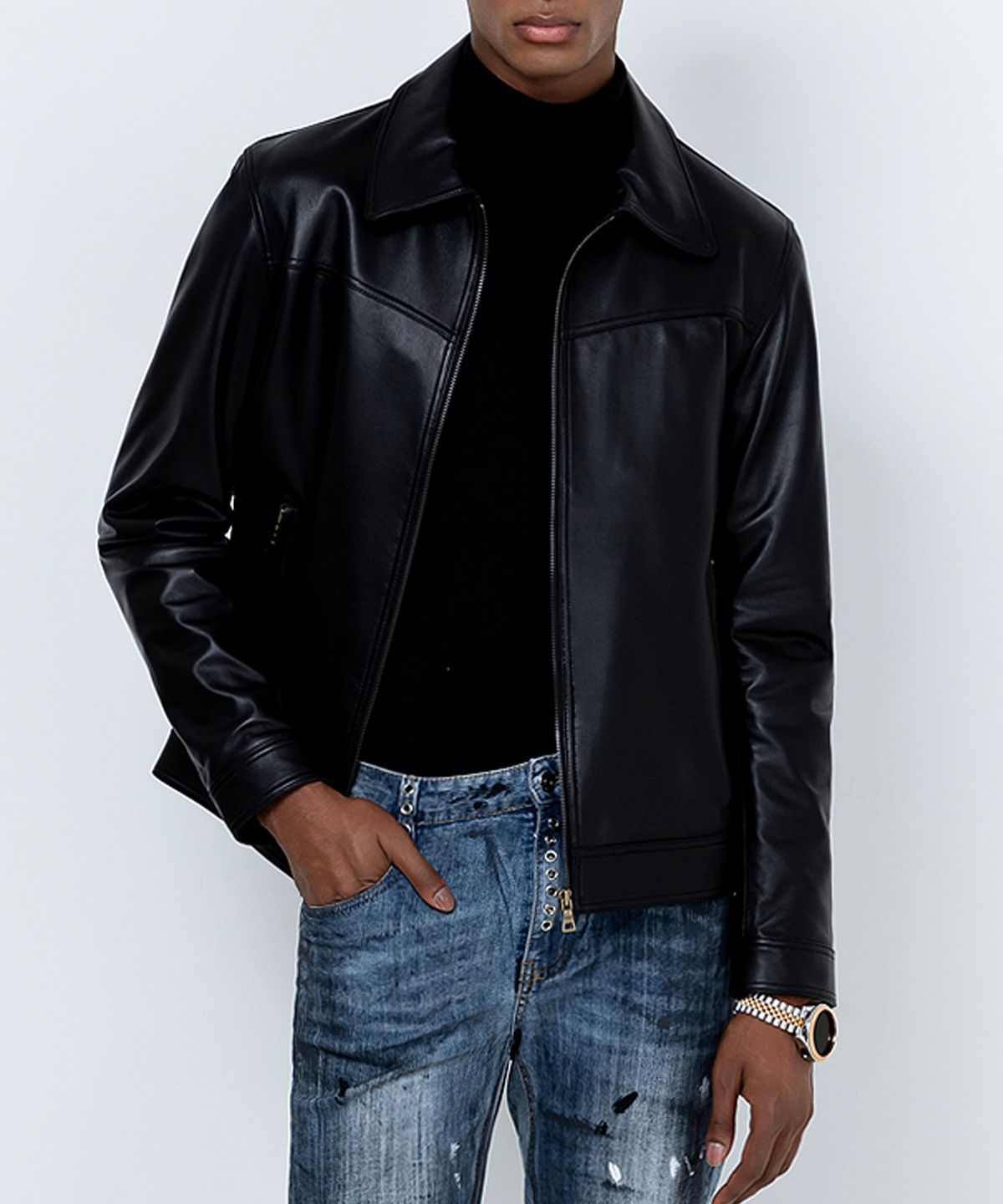 스트라이크(STRIKE) Panel Zip Lambskin Jacket (BLACK)