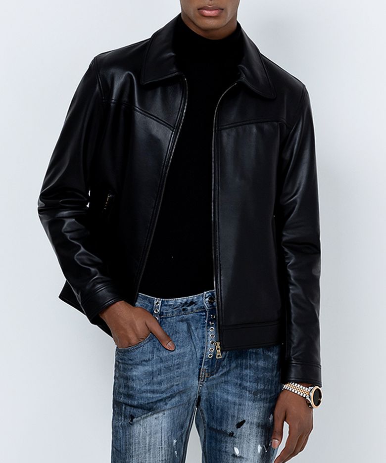 Panel Zip Lambskin Jacket (BLACK)