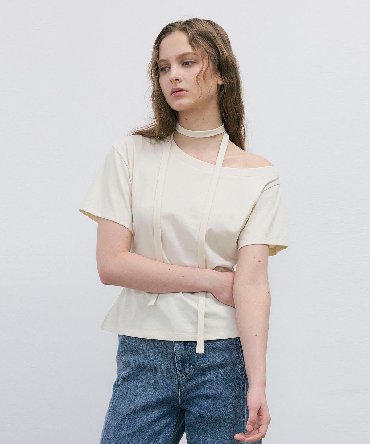 씨커슨(CKUSUN) TIE STRAP ONE-SHOULDER T-SHIRT - YELLOW
