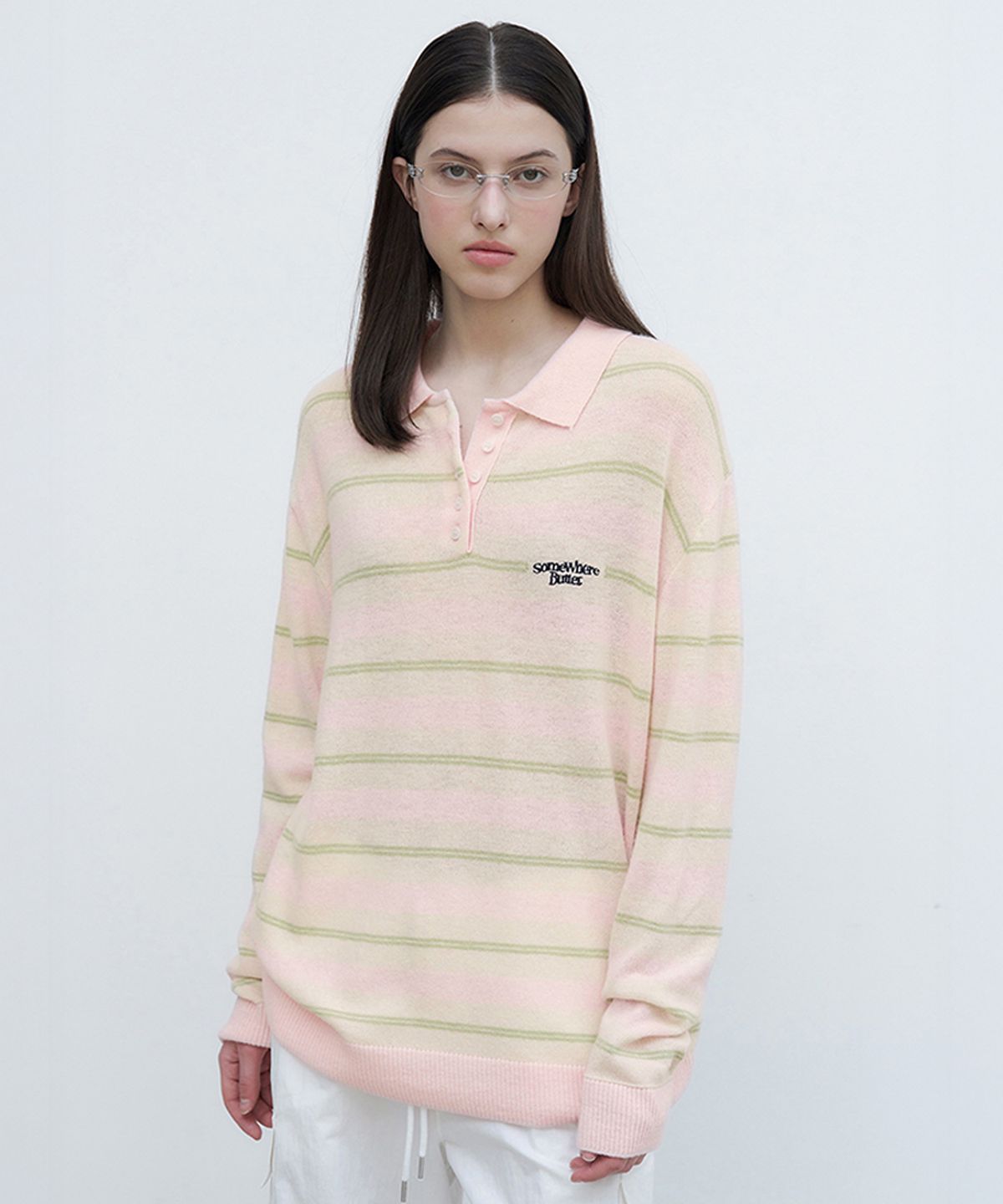 썸웨어버터(SOMEWHEREBUTTER) Toma Stripe Knit - Light Pink