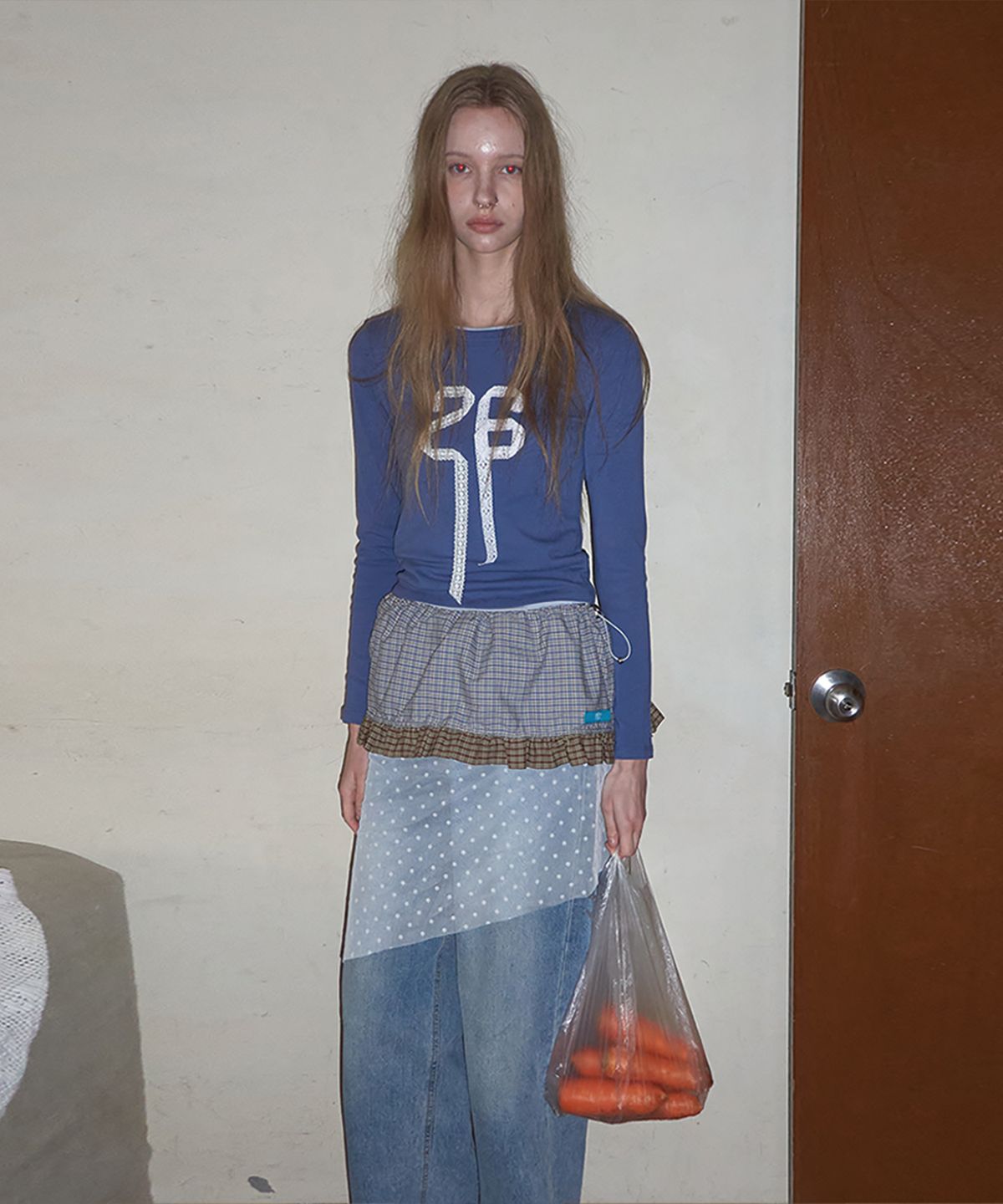 메종크렘(MAISON CREME) Check Frill layered skirt_ Dusty Blue