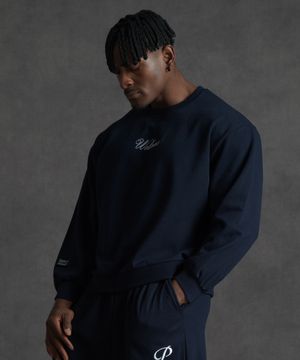 세미오버핏 크롭 스웨트 맨투맨 티셔츠 - 네이비