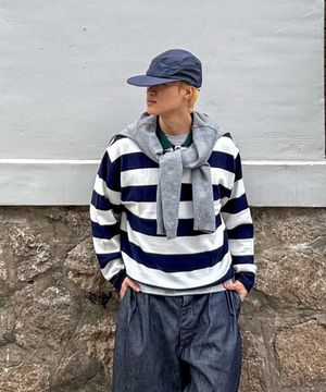 스트라이프 럭비 카라 니트 NAVY