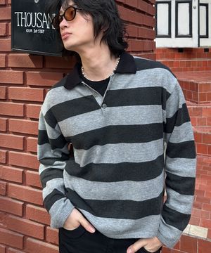 (UNISEX) 스트라이프 럭비 카라 니트 BLACK