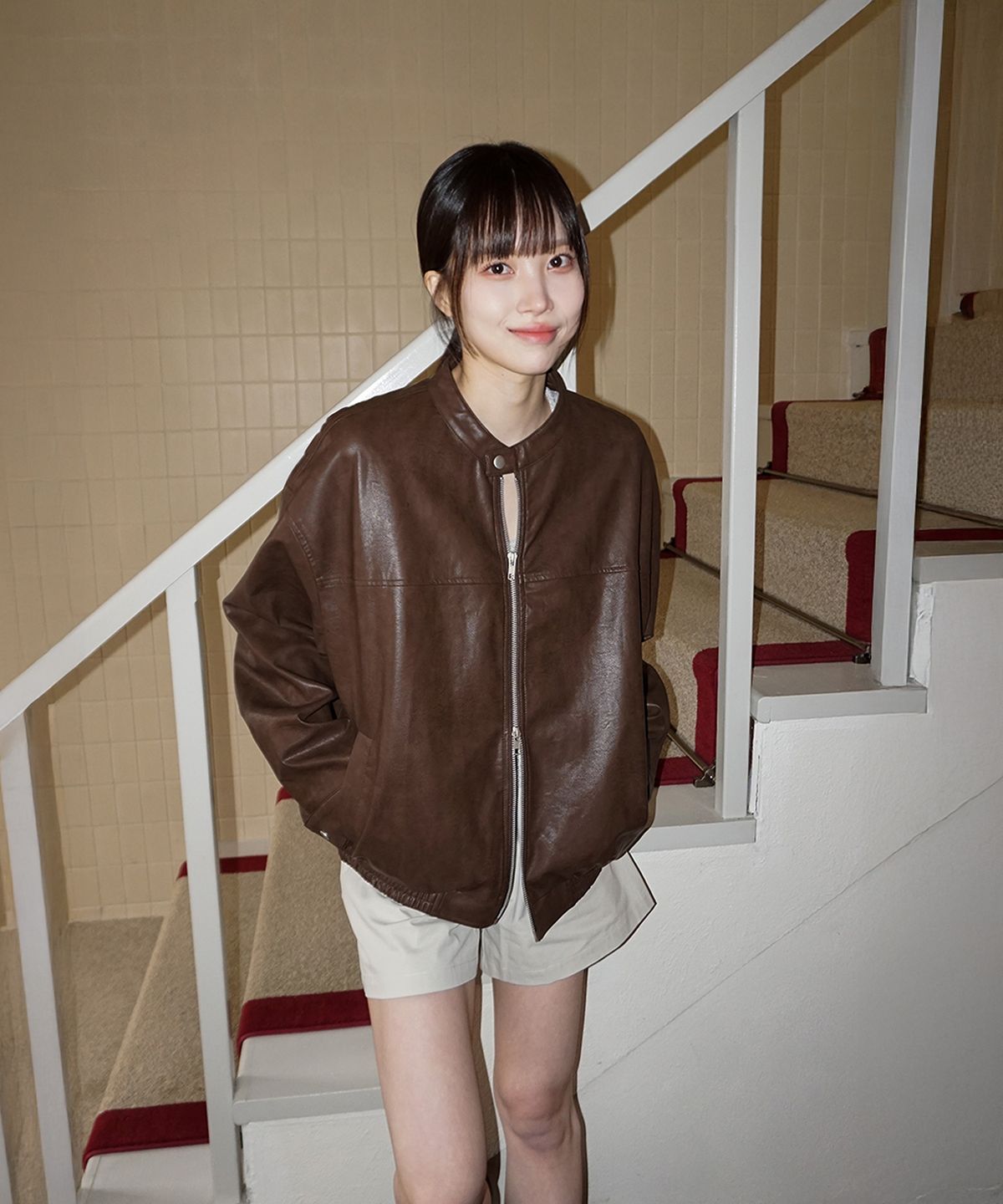 무드인사이드 우먼(MOOD INSIDE WOMAN) (woman) 레거시 레더 바이커 블루종_Brown