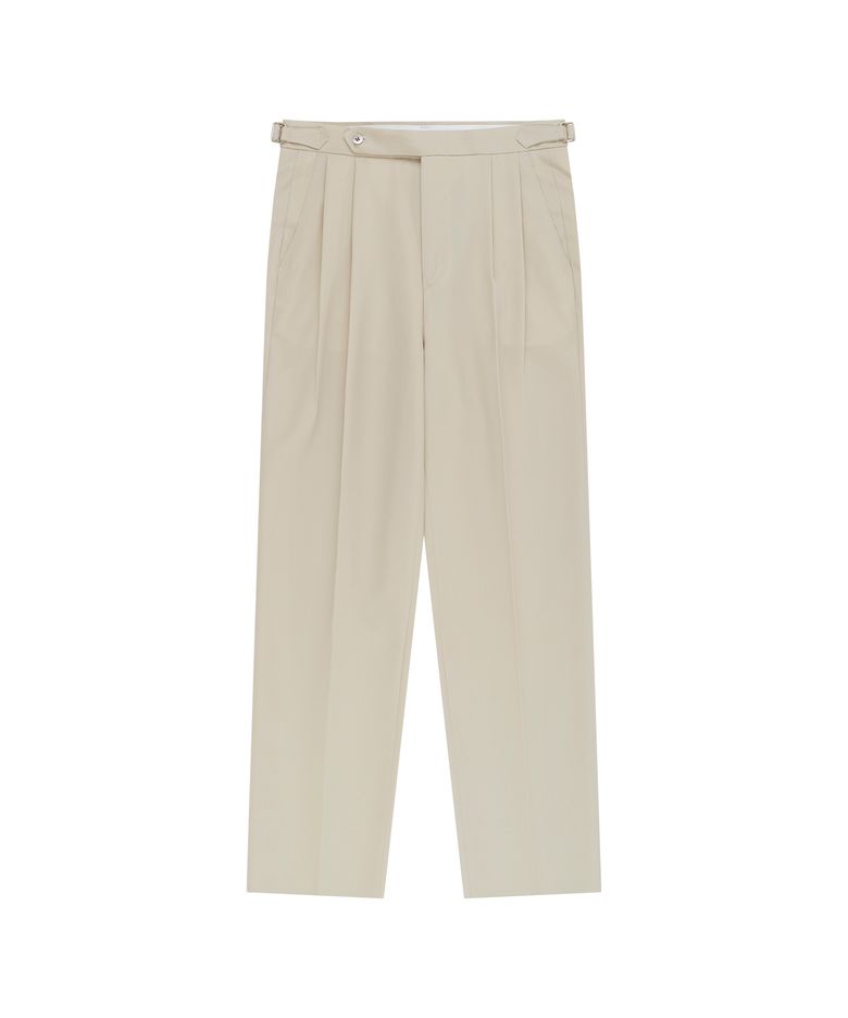 Essential Wool Gabardine Adjust Twill 2-Pleated Relaxed Trousers (Beige)