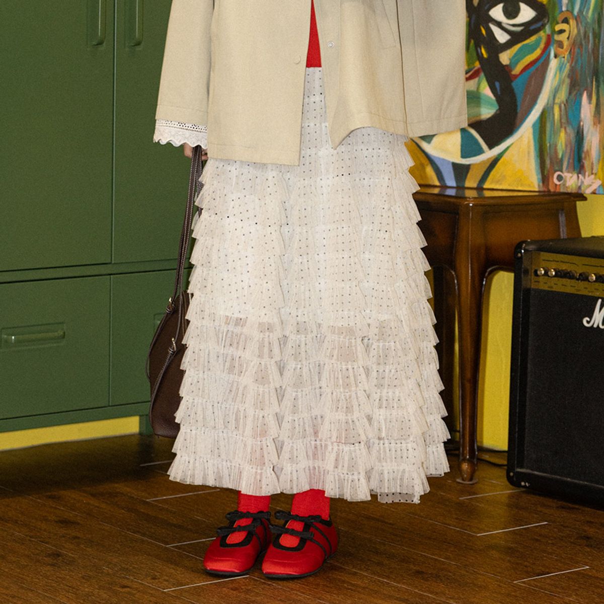 던드롭(DUNDROP) DD_Tiered polka dot mesh skirt_IVORY