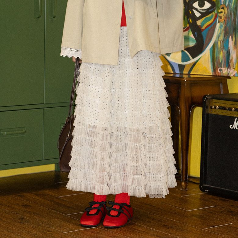 DD_Tiered polka dot mesh skirt_IVORY