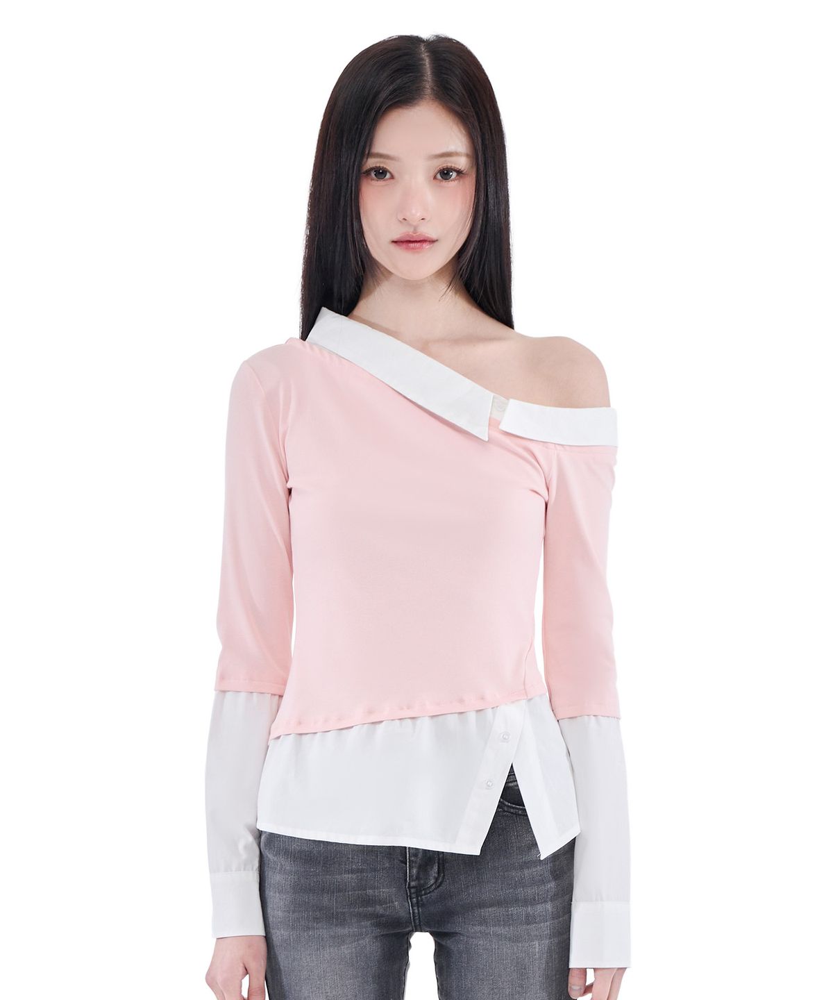 알키알카(ALKI ALKA) One-Shoulder Layered Top (Light Pink)