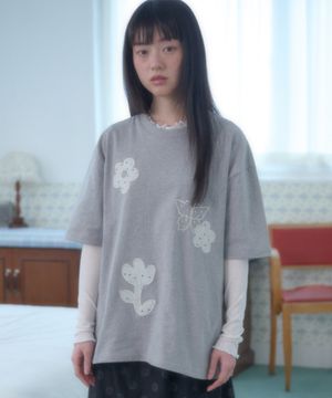 See-Through Flower 자수 반팔 티셔츠 AS1305 (멜란지)