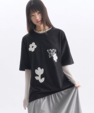 See-Through Flower 자수 반팔 티셔츠 AS1305 (블랙)