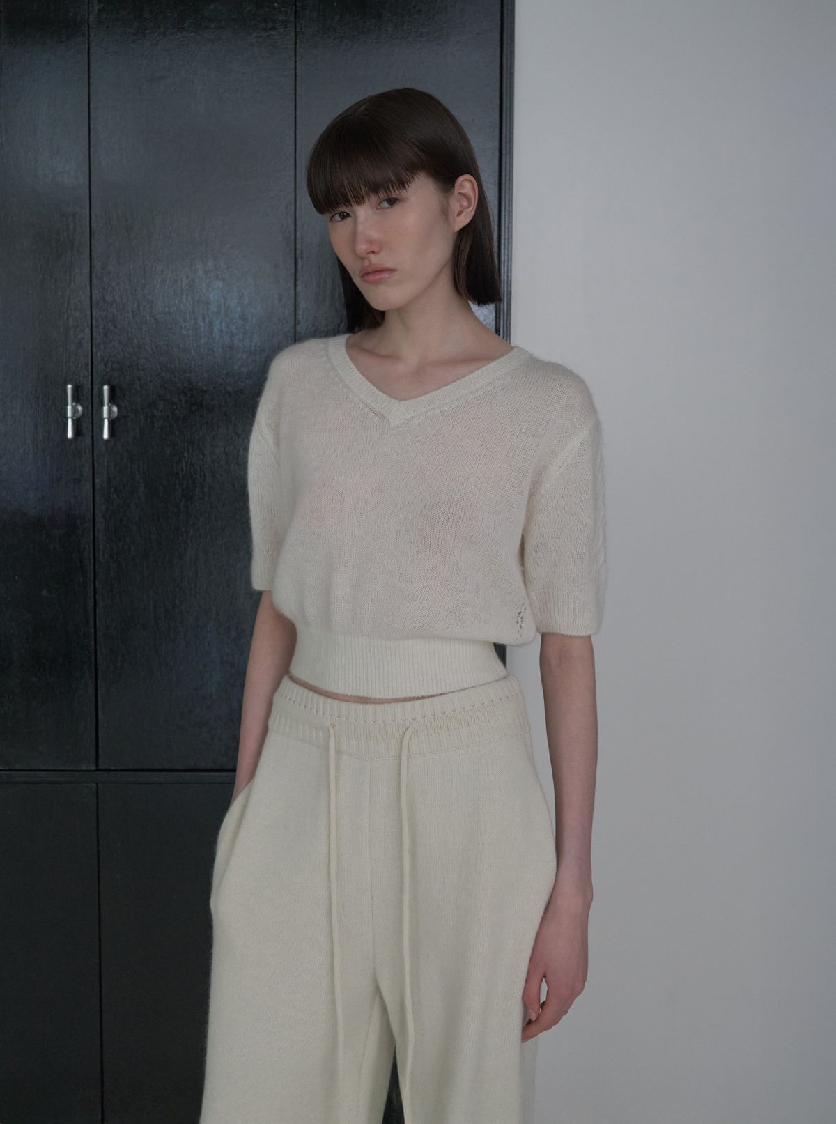 디에토(DEETO) Alpaca V-neck Half Sleeve Pullover [IVORY]