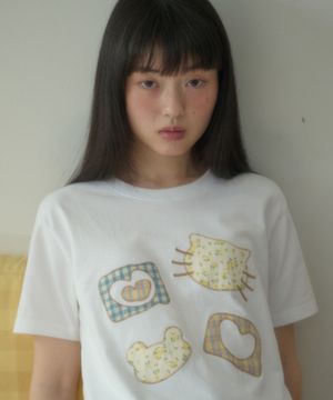 Meow Bear 아플리케 자수 반팔 티셔츠 AS1309 (화이트)