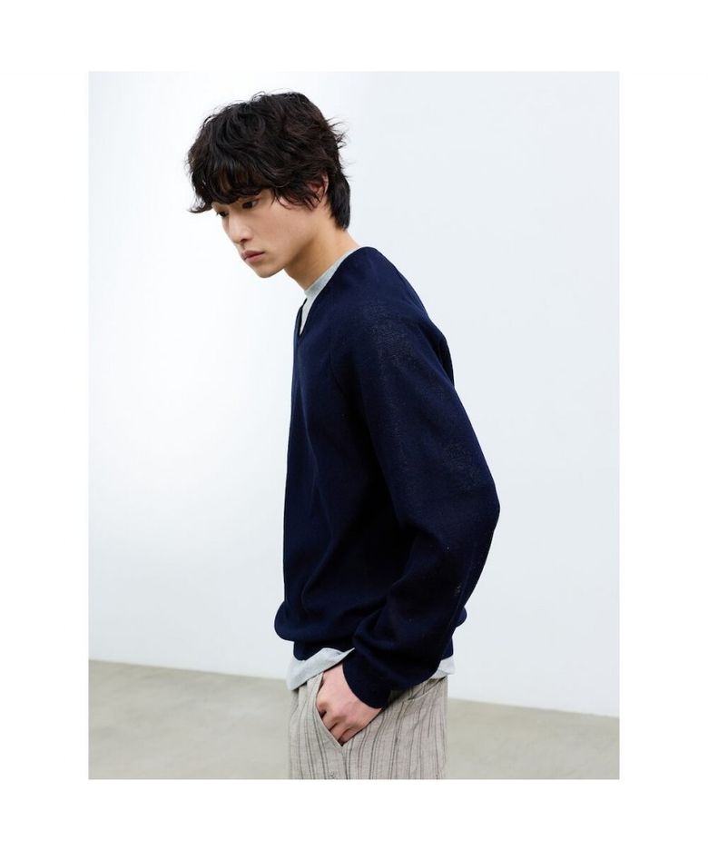 (UNISEX) 시어 브이넥 스웨터  네이비
