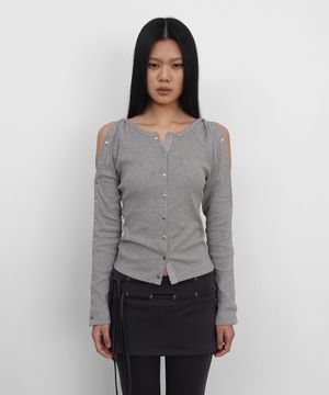 Snap Ribbed Cardigan_Melange Grey