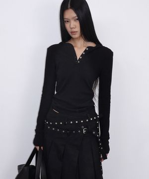 Henley Neck Waffle Hooded Long Sleeve_Black