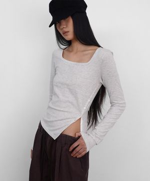 Square Neck Side Slit Long Sleeve_Melange White