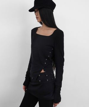 Square Neck Side Slit Long Sleeve_Black