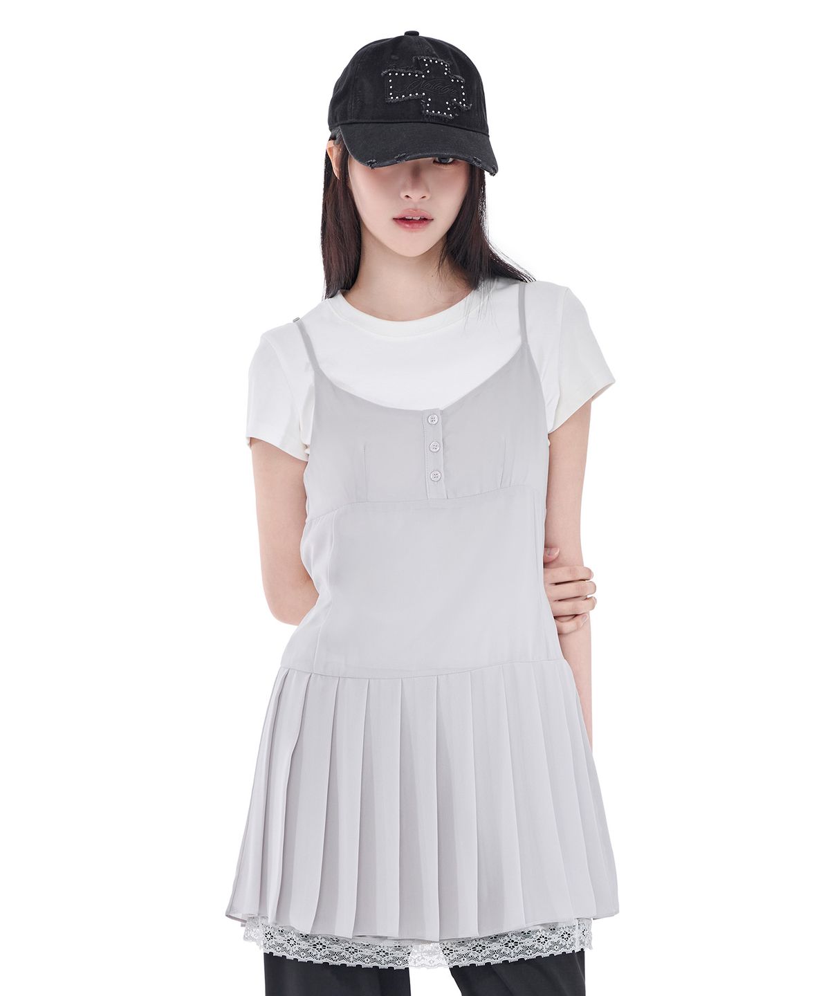 알키알카(ALKI ALKA) Pleated Chiffon Mini Dress (Light Gray)