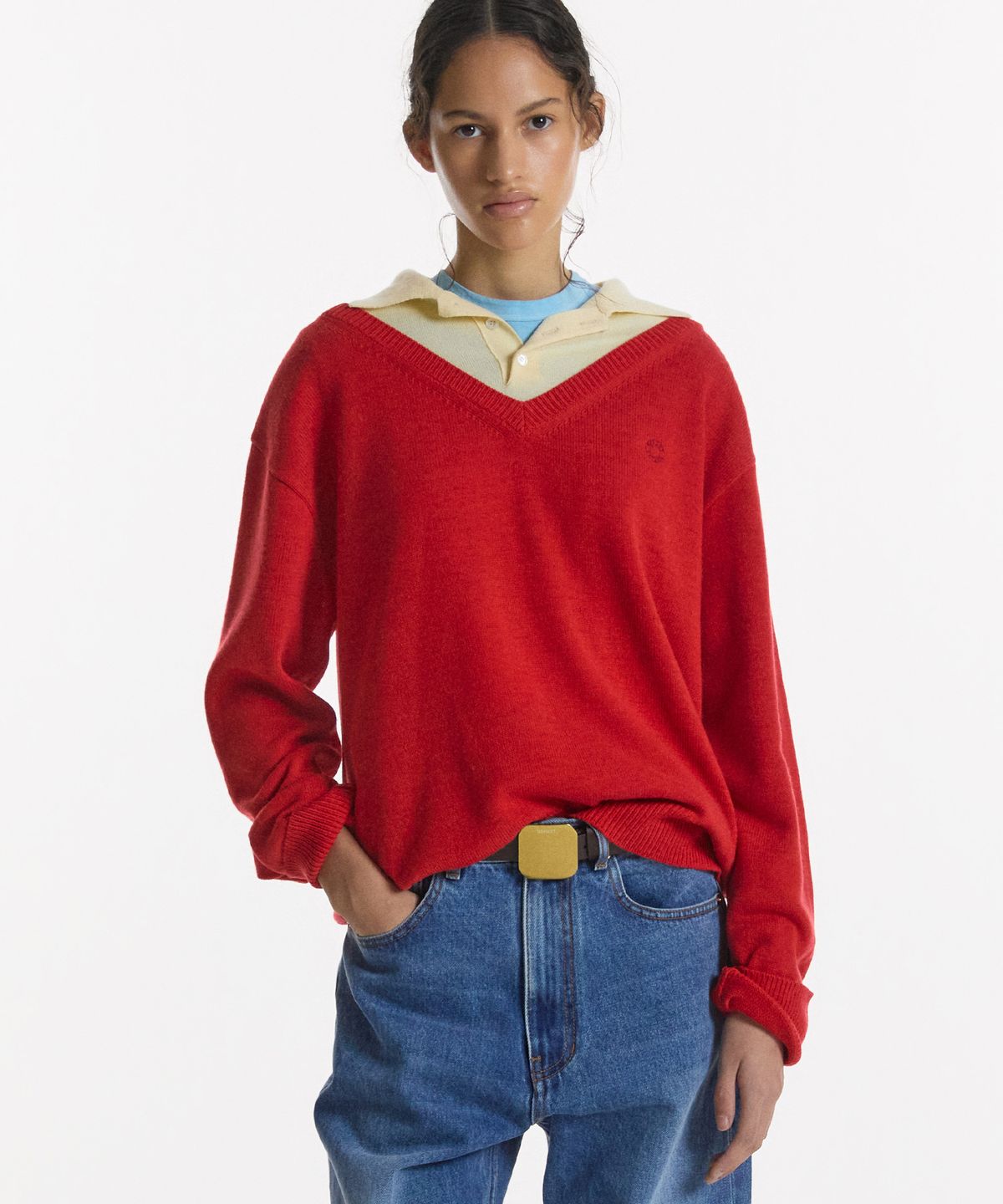 노앙(NOHANT) LAYERED V-NECK COLLAR KNIT RED
