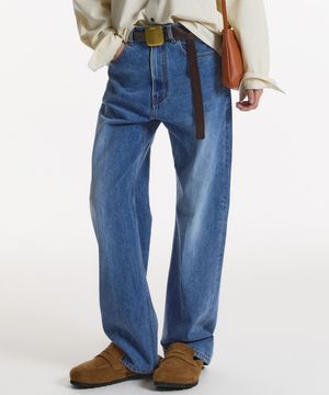 WASHED STRAIGHT DENIM PANTS-WOMENS MID BLUE