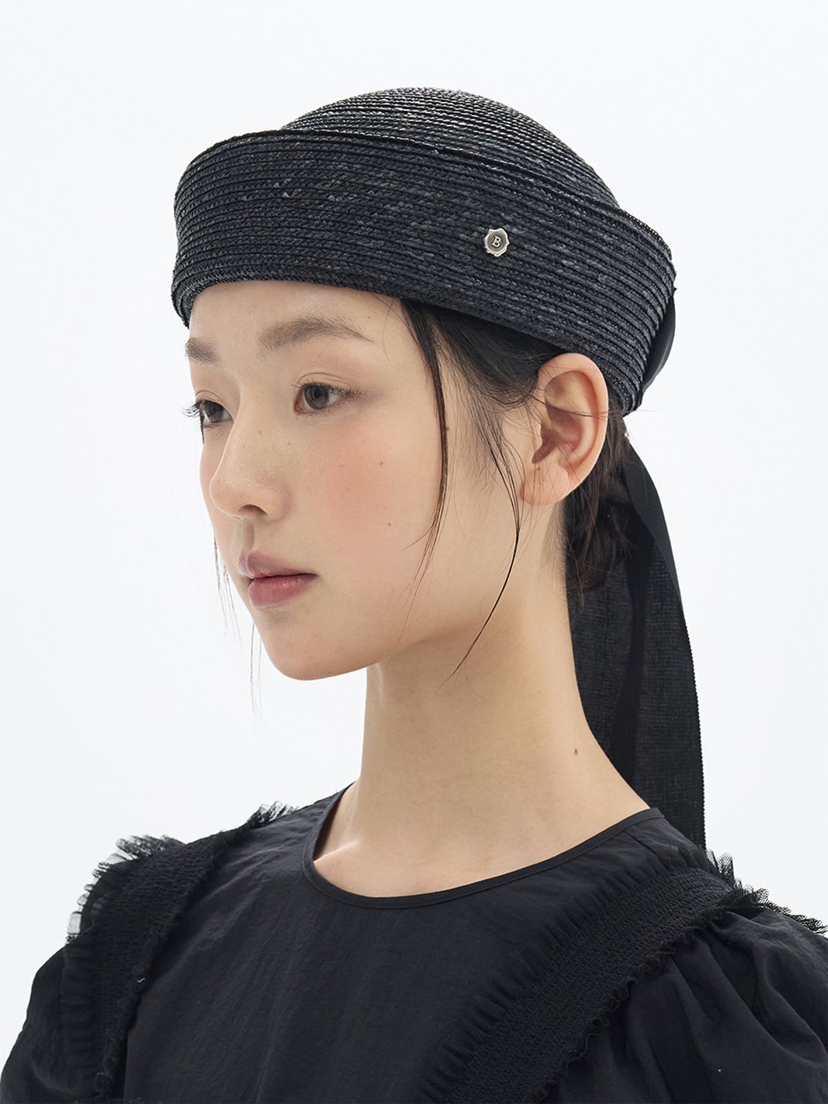 브라운햇(BROWNHAT) 백 리본 스트로 비니 - 블랙