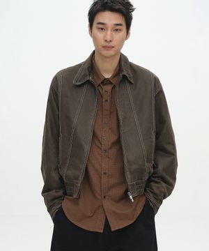 스티치 포인트 스탠다드 카라 레더 크롭 블루종 긴팔 자켓_2COLOR