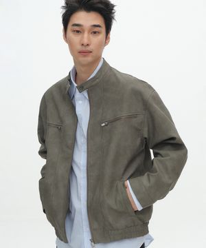 빈티지 오버핏 넥 버튼 투웨이 레더 레이싱 바이커 자켓_2COLOR