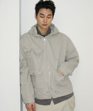 후드 멀티 포켓 핀턱 리벳 베이직 투웨이 코튼 집업 자켓 [그레이]