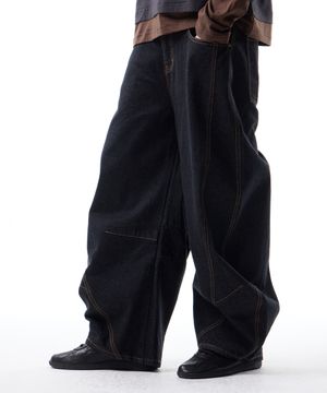 스플릿 아크 커브드 흑청 데님팬츠