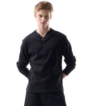 데이비드 브이넥 스냅 헨리넥 롱슬리브 블랙