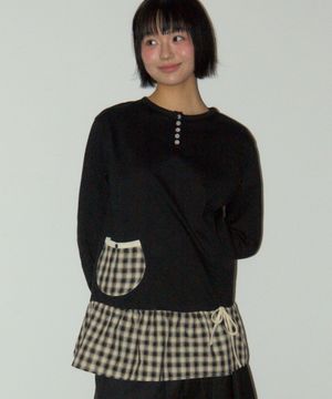 사이드 셔링 체크 배색 프릴 버튼 레이어드 롱슬리브 티셔츠  [블랙]