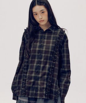 언발 체크 러플 플레어 프릴 스트랩 블라우스 긴팔 셔츠 [블랙]