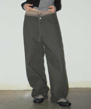 레이어드 스트랩 새깅 포인트 벌룬핏 와이드 코튼 팬츠 [브라운]