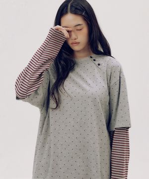 미니 도트 컬러 언발란스 스트라이프 투웨이 레이어드 티셔츠 [그레이]