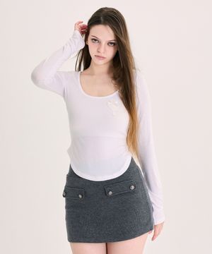 리본 레이스 하트 스쿱 넥 탑 [화이트]