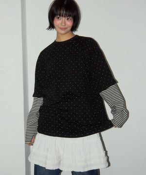 미니 도트 컬러 언발란스 스트라이프 투웨이 레이어드 티셔츠 [블랙]