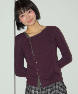 컬러 배색 사선 스냅 포인트 베이직 라운드넥 롱 슬리브 가디건  _2COLOR